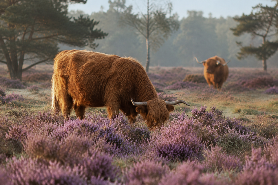 Schotse hooglanders in heide