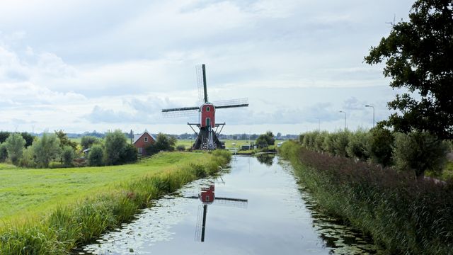 Uitzicht op de Vrouw Vennemolen met een weerspiegeling op het water in Oud Ade