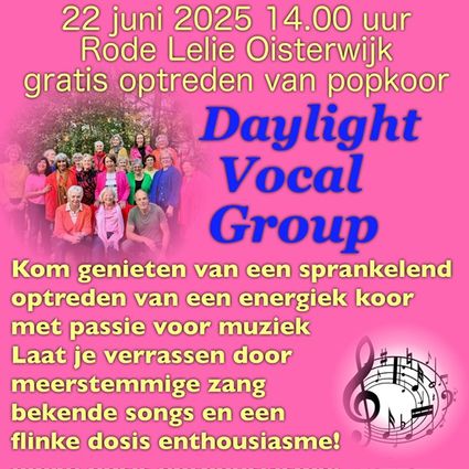 Roze affiche met gele tekst en foto van een kleurrijk koor.