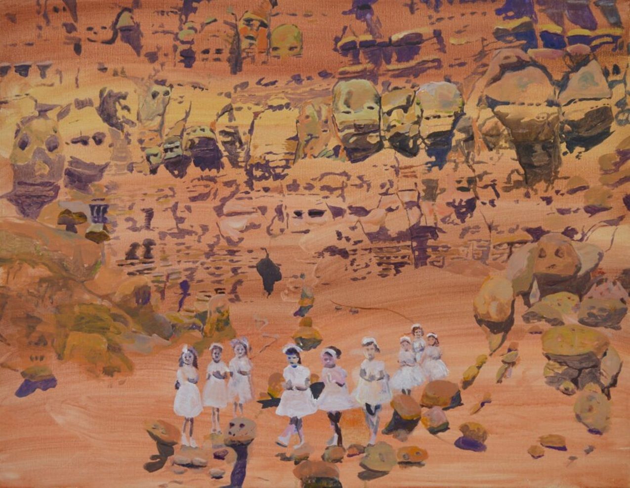 Tentoonstelling - I know what I saw - Karin Bos - Marching girls - Acryl op doek, 70x90cm. - 2024