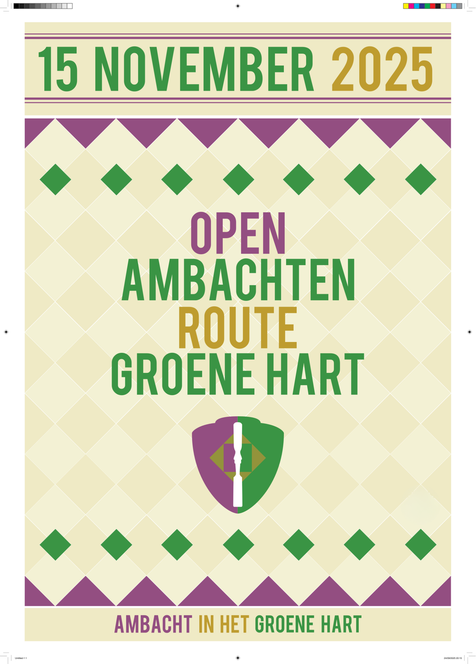 Poster van de Open Ambachtenroute Groene Hart op 17 oktober 2026 met de titel centraal in groen, paars en goudgeel, een ambachtelijk beeldmerk en decoratieve ruitpatronen die verwijzen naar traditioneel vakmanschap in het Groene Hart.