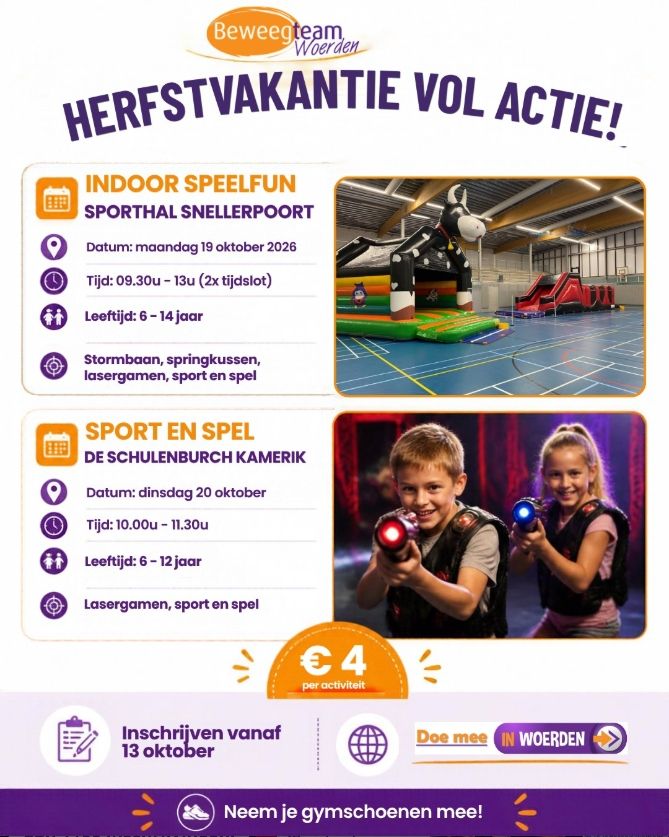 Poster van Beweegteam Woerden met herfstvakantie kinderactiviteiten