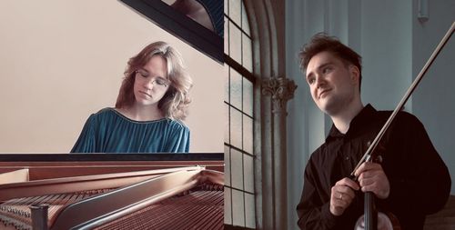 Vrouw op een piano en man met een viool in de hand
