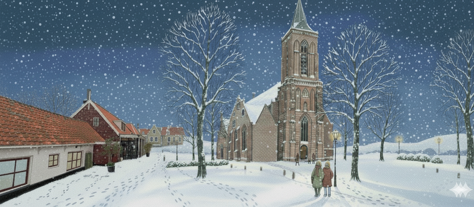 Tekening van een kerk in de sneew