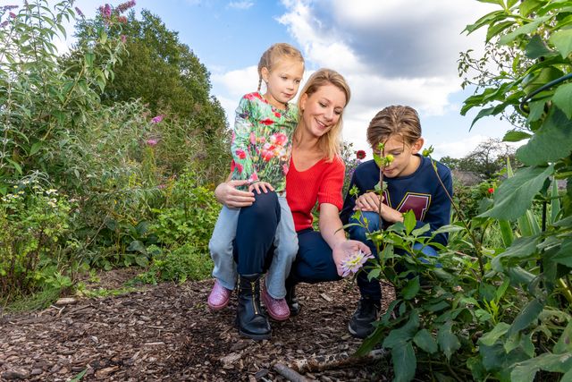 Een moeder plukt met haar zoon en dochter bloemen in de pluktuin van Boerderij het Gagelgat