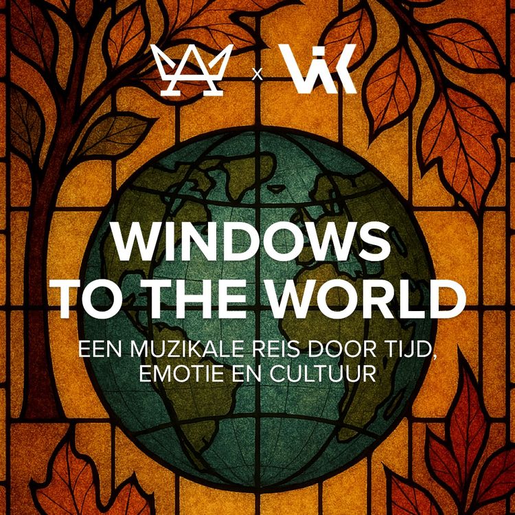 Affiche van glas in lood raam in herfstkleuren met in het midden de wereldbol en met in witte letters de logo's van de muziekverenigingen en de informatie.