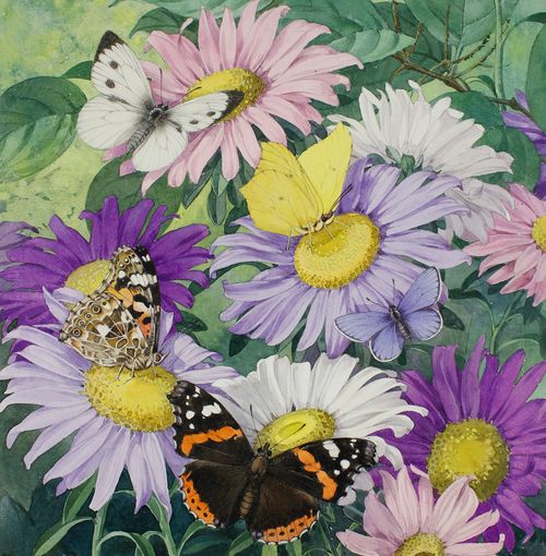 Een schilderij met allemaal bloemen en vlinders