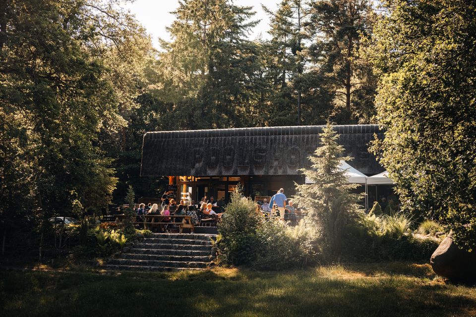 Eine Terrasse mit Menschen an einem Waldcafé in Drenthe, Niederlande.