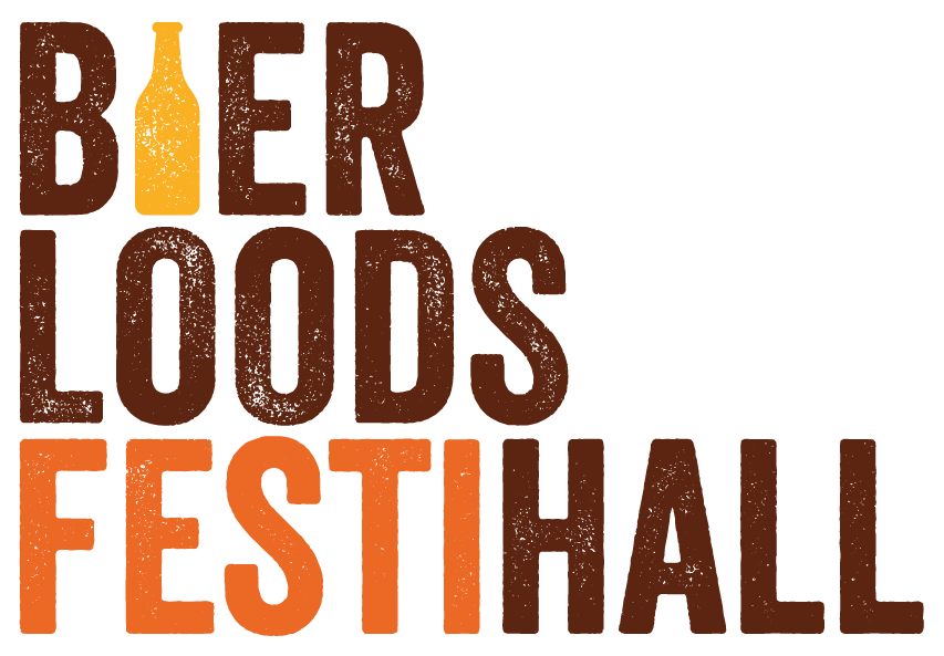 Logo van Bierloods Festihall, met speels gevormde bruine en oranje letters en een bierflesje als letter 'I' in het woord 'Bier'