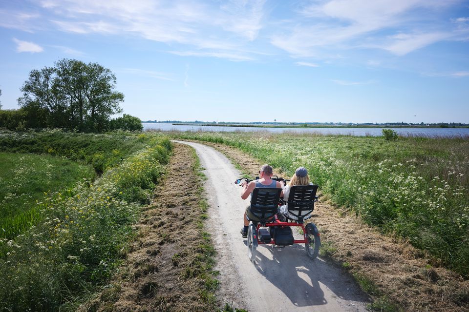 Duofietsers langs de Saltpoel, gezien op de rug