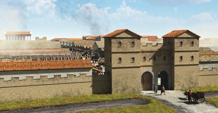 Impressie van Noviomagus vanuit het zuiden, met linksachter de klassiek-Romeinse tempel.