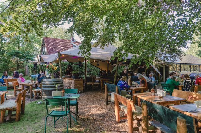 Menschen sitzen im Garten eines Restaurants auf gemütlichen Sitzplätzen unter den Bäumen.