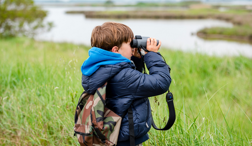 Kindje die door zijn verrekijker kijkt om vogels te spotten