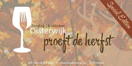 Afbeelding in herfstkleuren met tekst Oisterwijk proeft de herfst