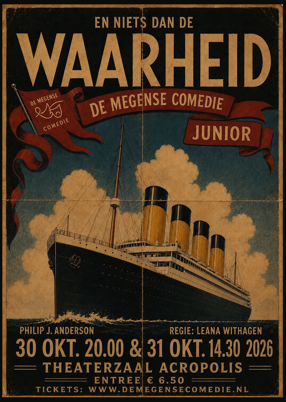 Voorstellingsposter met een oceaanstomer en de speeldata 30 en 31 oktober 2026