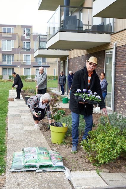 Vrijwilligers zijn bezig met het aanleggen van een stukje groen.