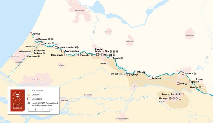 Kaart in meerdere kleuren van de Limes, met daarop de archeologische vindplaatsen en Unesco Werelderfgoedlocaties.