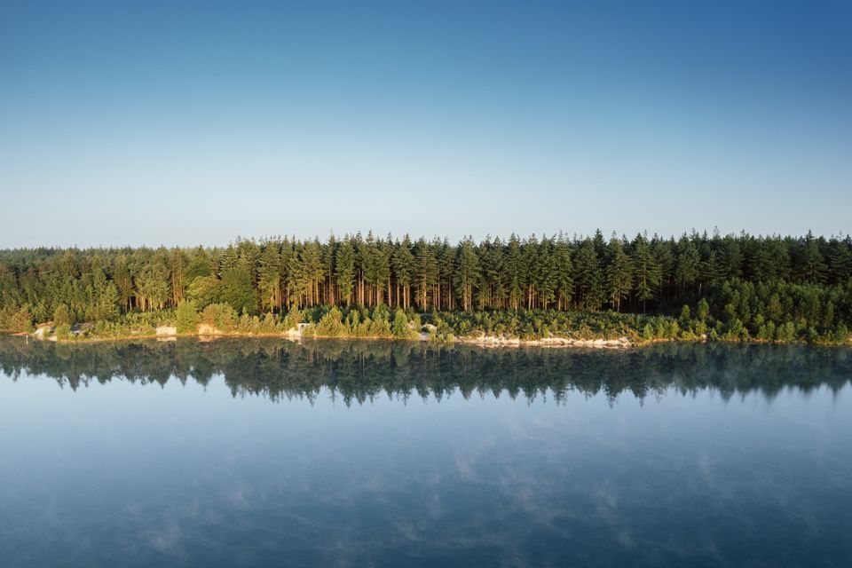 Ein großer Wasserpfütze mit Bäumen im Hintergrund