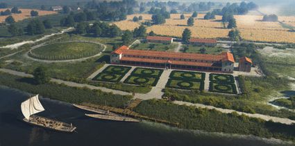 Impressie van de Romeinse villa aan het Wijchens Meer, met rechts het putgebouw en links de enorme grafheuvel. T