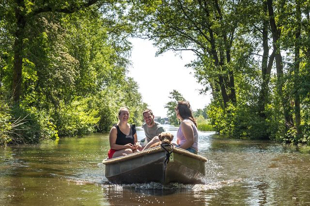 Menschen fahren in einem Flüsterboot durch die Drenther Natur.