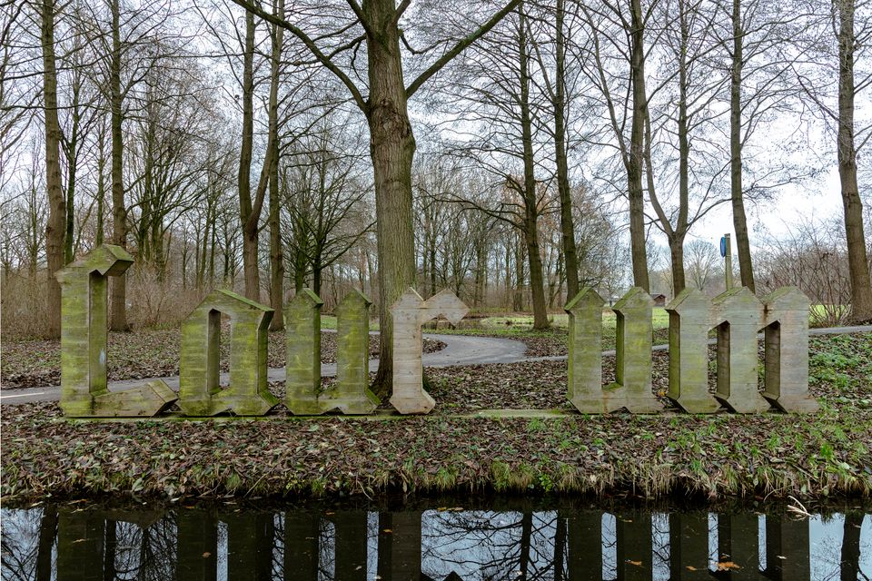 Een bijzonder kunstwerk in het Woerdense Brediusbos, waar de monumentale houten letters Laurium tussen de kale winterbomen opduiken. Met een weerspiegeling in het stille water en een tapijt van bladeren rondom, vormt het kunstwerk een sfeervolle samensmelting van natuur, historie en creativiteit.