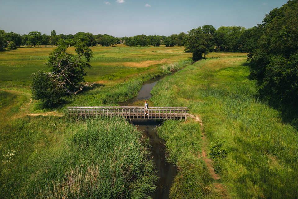An einem sonnigen Tag geht ein Mann über eine Holzbrücke in der grünen Landschaft von Drenthe.