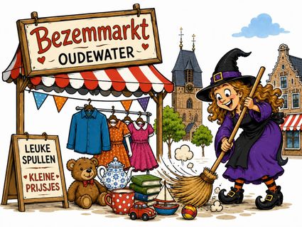 Illustratie van de Bezemmarkt Oudewater in het Groene Hart, met marktkraam vol tweedehands spullen, kleding en speelgoed, een vrolijke heks met bezem en historische gebouwen op de achtergrond.