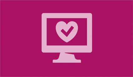 A pink computer with a heart inside