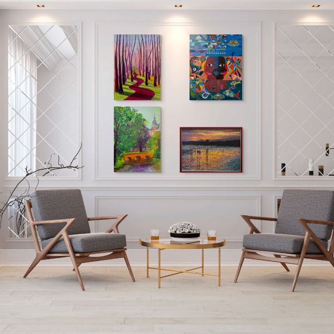 Kunstuitleen woonkamer simulatie met kunstwerken