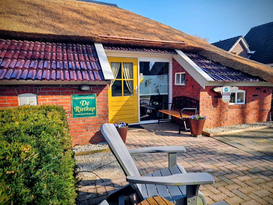 Buiten staan tuinset, bankje en deckchairs