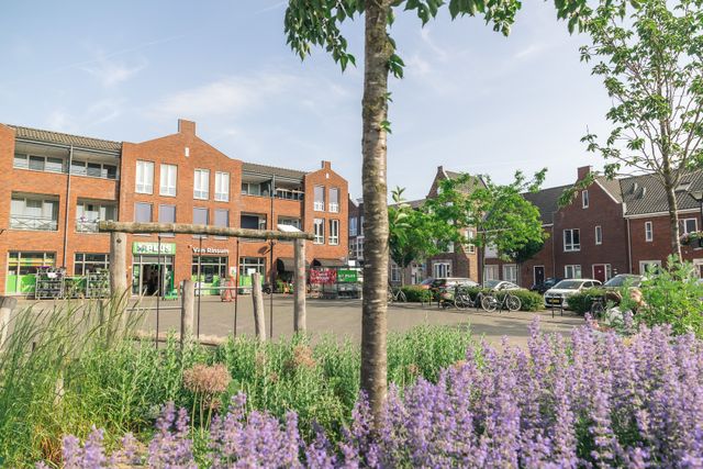 Dorpscentrum van Renswoude met winkels, woningen, fietsen en een groene openbare ruimte met bloeiende planten. De foto geeft een zomerse indruk van het centrum en de voorzieningen in Renswoude.