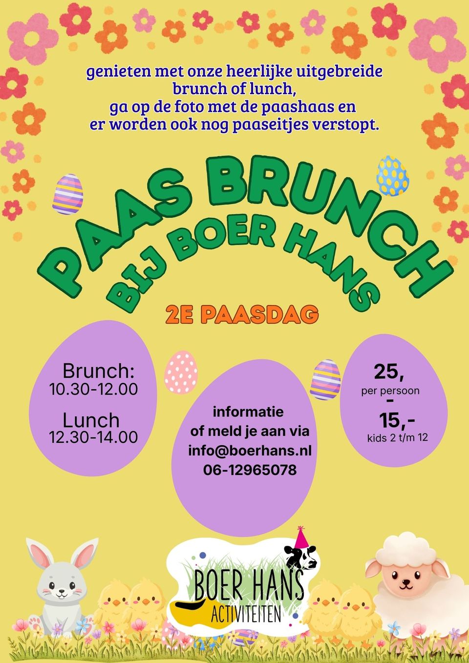 Poster van de Paasbrunch bij Boer Hans in Montfoort, Groene Hart, met brunch- en lunchtijden, prijzen en een vrolijke paasillustratie met paashaas, bloemen en paaseieren.