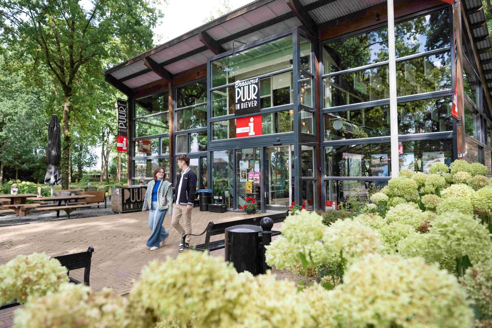 Jong stel loopt buiten bij het Toerist Info Punt Diever.