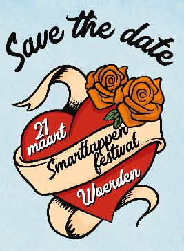 Promotionele festivalposter Smartlappenfestival Woerden, stad Woerden, Groene Hart, met illustratie van een rood hart, rozen en lint en de tekst