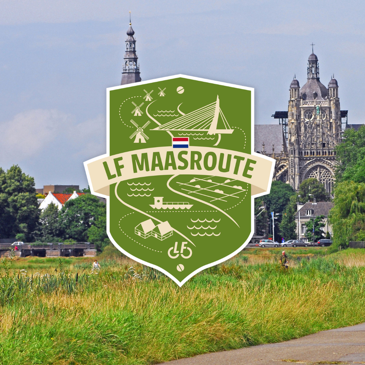 LF Maasroute logo en achtergrond St. Jan kerk Den Bosch
