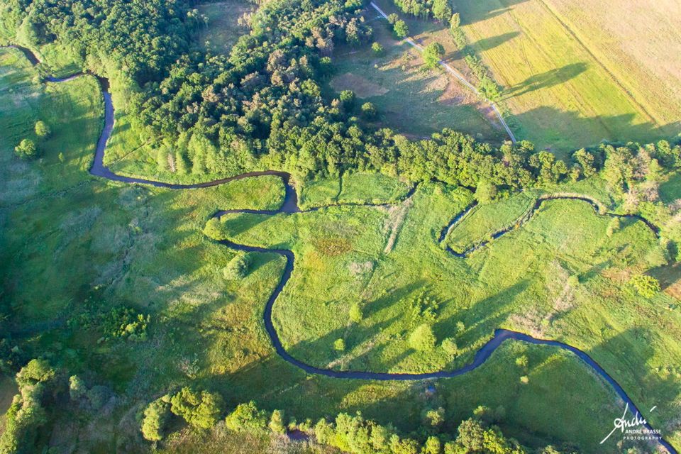 Een luchtfoto van een kronkelende beek.