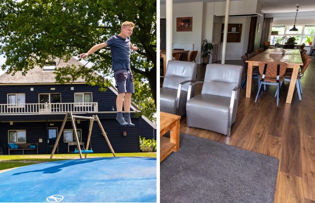 Jongen op airtrampoline voor een groepsaccommodatie en de eetkamer/zitkamer binnen van de groepsaccommodatie.