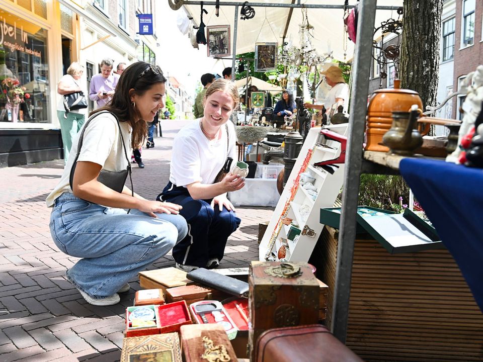 Twee meiden die schatten zoeken op de antiekmarkt in Delft