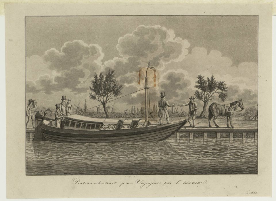 Prent van een trekschuit, aquatint.