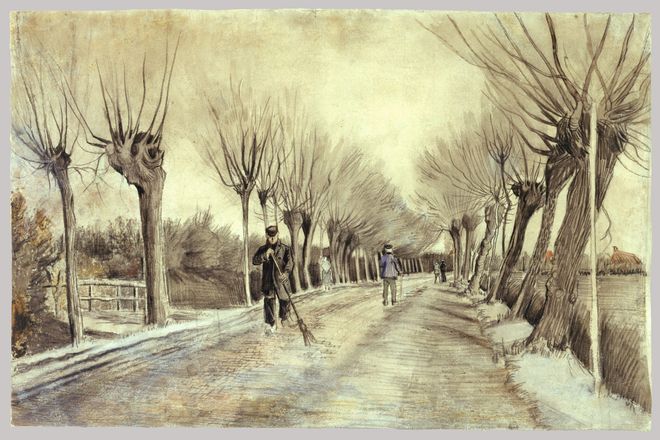 Straße mit Pollard Weiden und Mann mit Besen