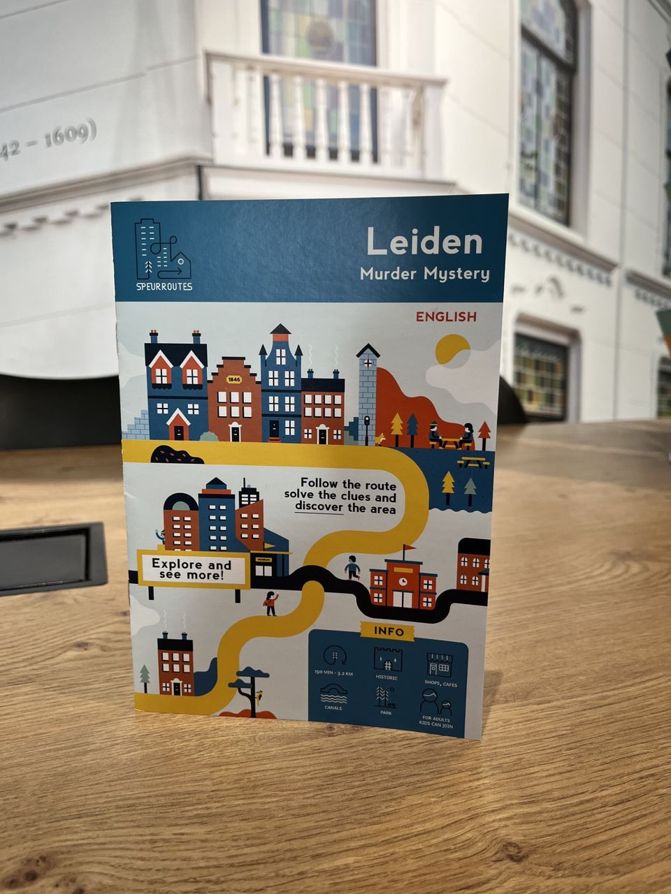 A card for a murder mystery route in leiden