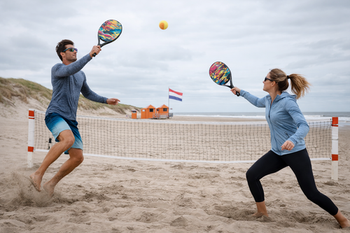 Twee mensen die beach tennis spelen