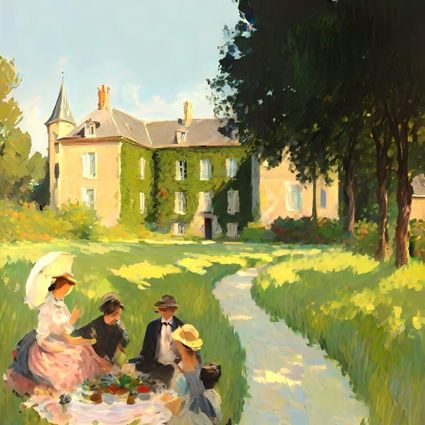 Een schilderij van mensen die aan het picknicken zijn in een kasteeltuin