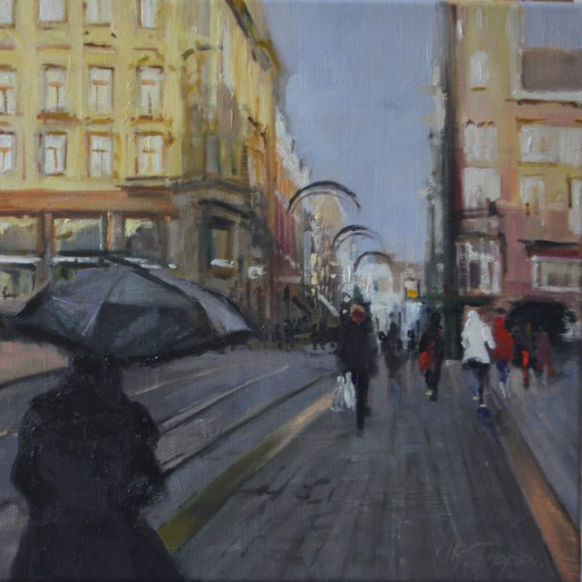Jan Pieter Foppen, Winterzon Leidsestraat Olieverf op doek, 40 x 60 cm