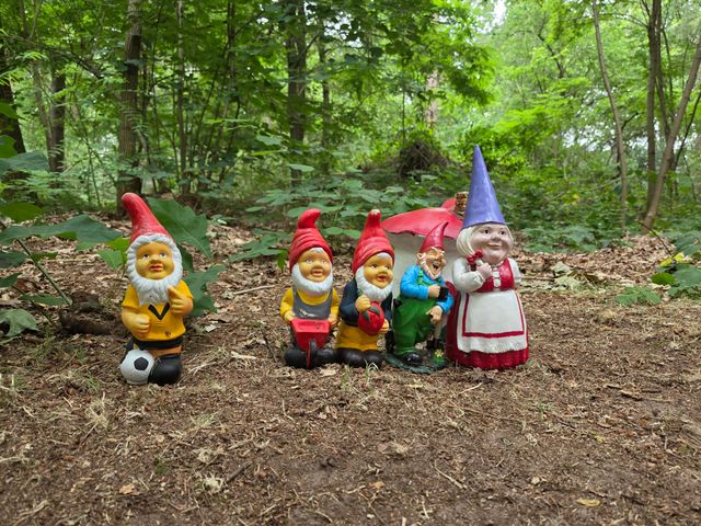 Beeld van kabouterbeeldjes op een rij in het Kabouterbos in Bakel nabij Bospark Bakel