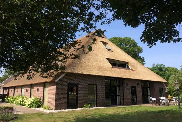 Een boerderij met op de voorgrond een grote boom.