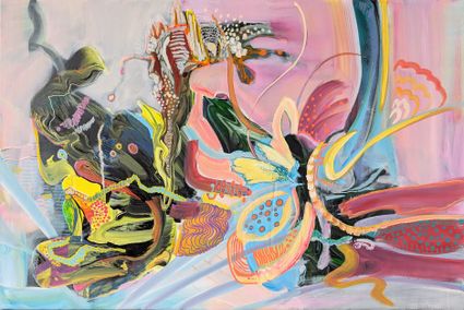Schilderij Metamorphose van Justyna Pennards-Sycz bij Galerie Van Slagmaat in Woerden, Groene Hart, kleurrijk abstract kunstwerk met organische vormen, patronen en penseelstreken in roze, blauw, geel en groen.