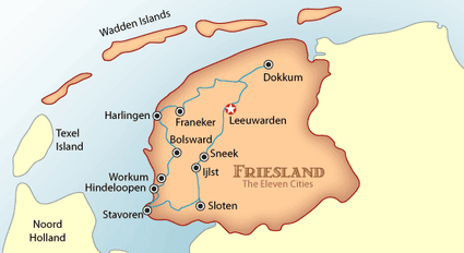 Kaartvan Friesland met de elf steden