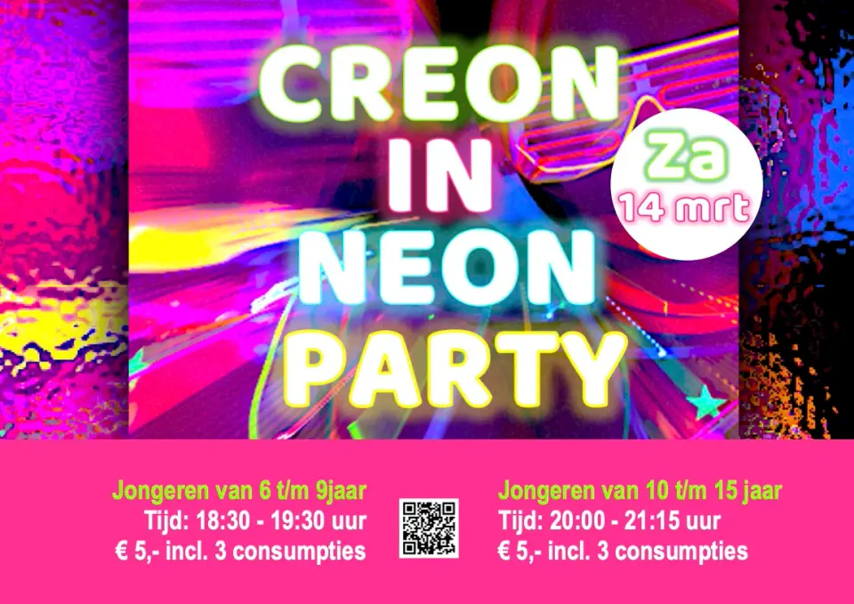 Felle neonposter  met kleurrijke lichtstrepen en glow-effecten. De tekst vermeldt: zaterdag 14 maart. Twee tijdsblokken voor jongeren: 6 t/m 9 jaar van 18.30–19.30 uur en 10 t/m 15 jaar van 20.00–21.15 uur, €5 incl. 3 consumpties, met QR-code.