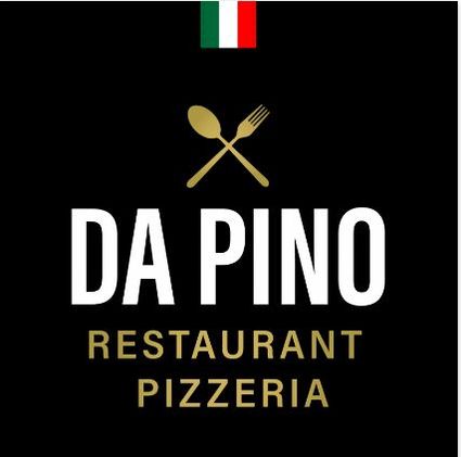 Italiaans restaurant Da Pino Pizzeria in Montfoort, Groene Hart, zwart logo met gouden bestek en Italiaanse vlag als herkenbaar beeld van een pizzeria en restaurant.